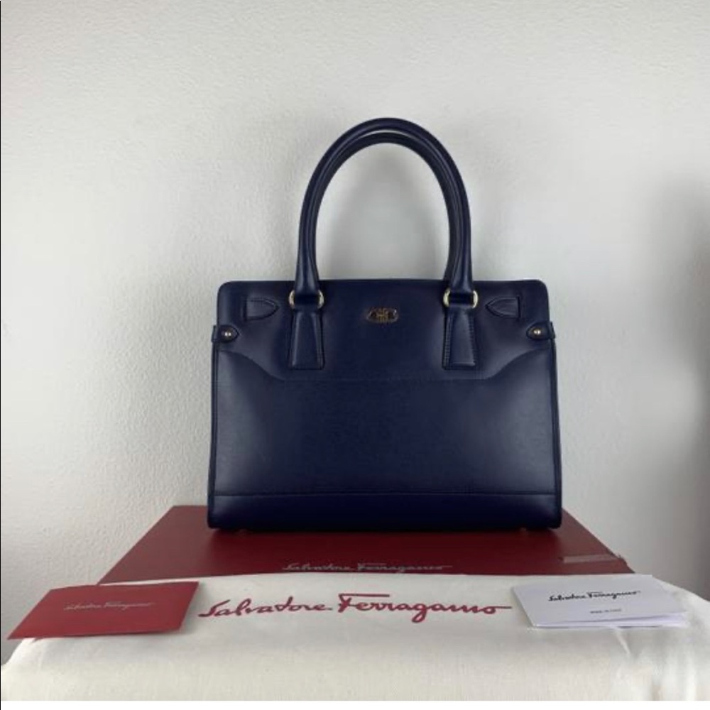 New Salvatore Ferragamo Navy Blue Calfskin Handbag